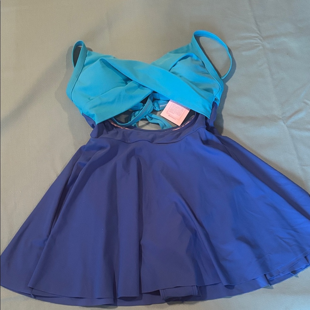Blue Two-Tone Swim Dress - Aqua Top & Royal blue skirt. Size S